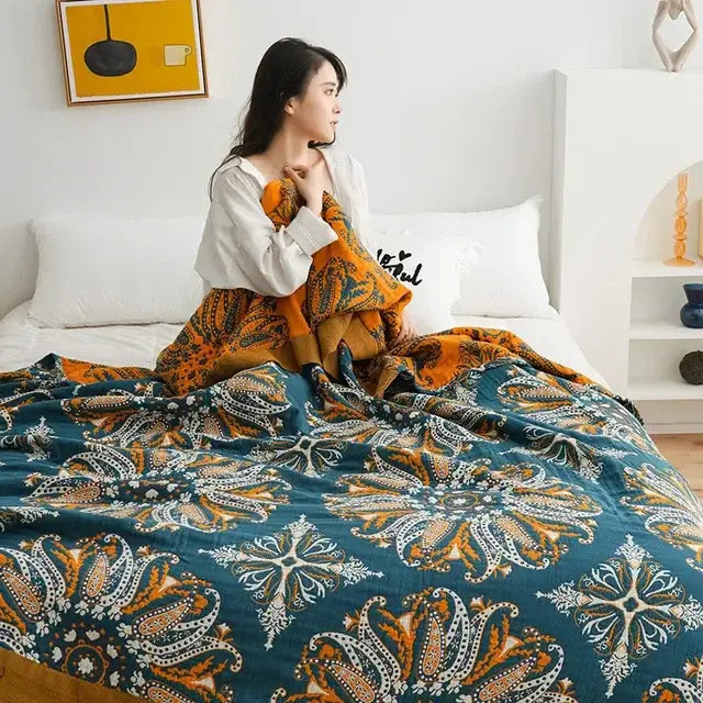 Boho floral cotton gauze leisure blanket bedroom quilt
