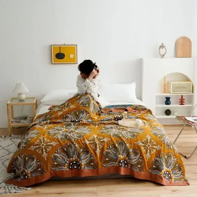 Boho floral cotton gauze leisure blanket bedroom quilt