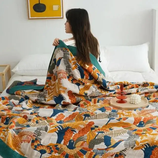 Boho floral cotton gauze leisure blanket bedroom quilt