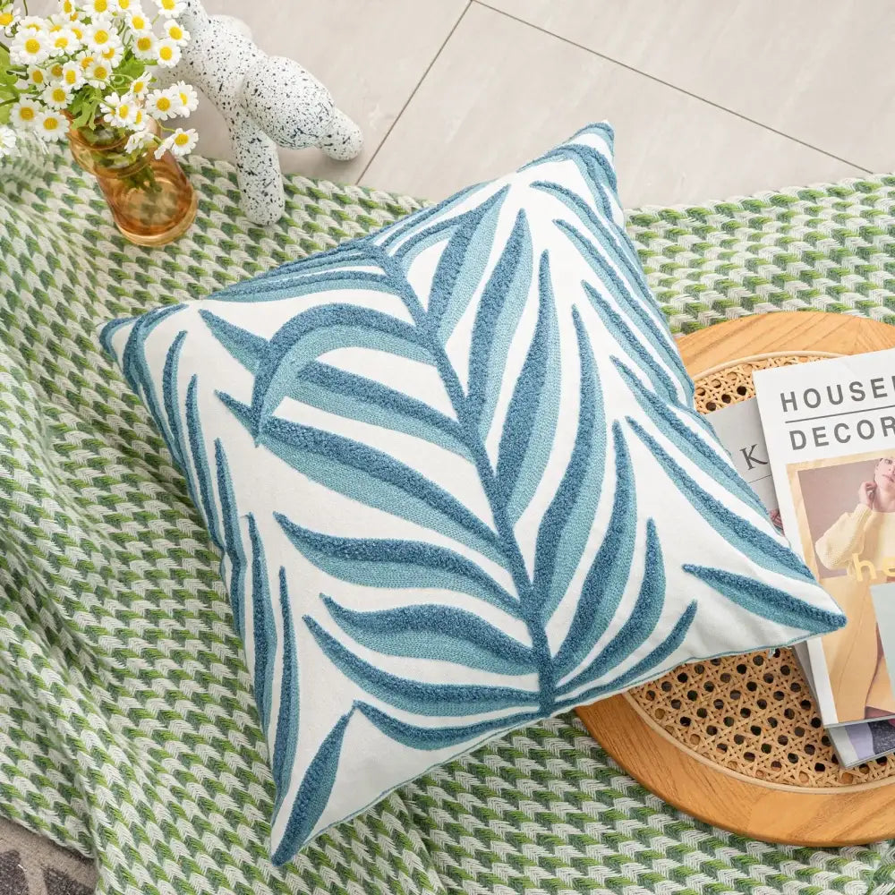 Boho floral embroidered green & brown cushion cover living room