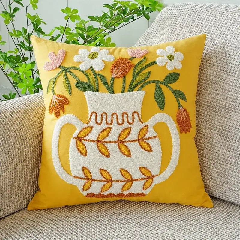 Boho floral embroidered green & brown cushion cover living room