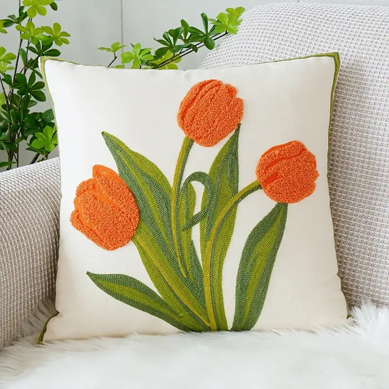 Boho floral embroidered green & brown cushion cover living room
