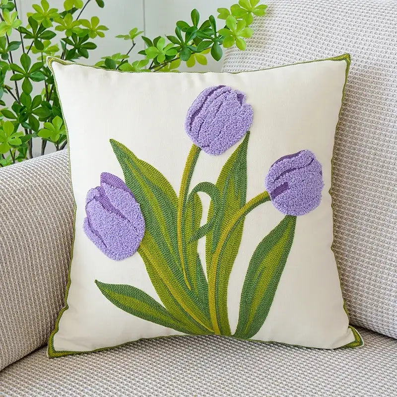 Boho floral embroidered green & brown cushion cover living room