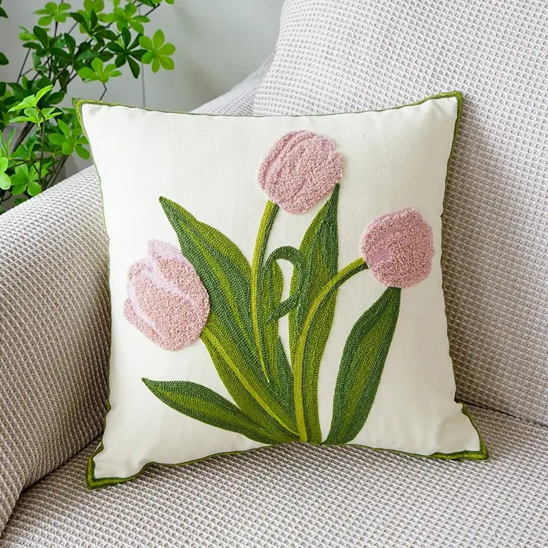 Boho floral embroidered green & brown cushion cover living room