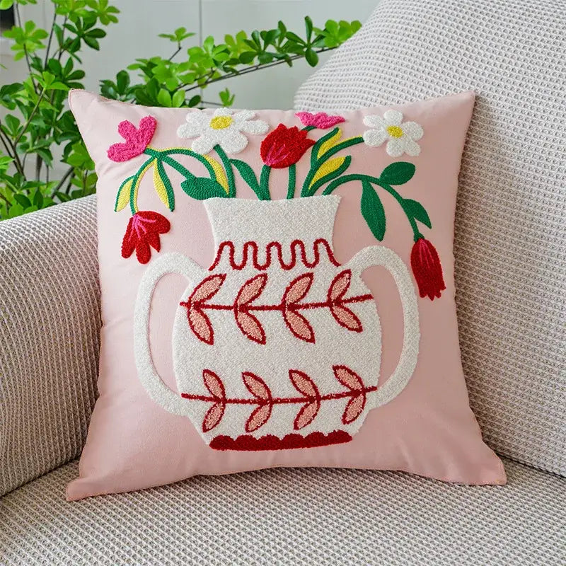 Boho floral embroidered green & brown cushion cover living room