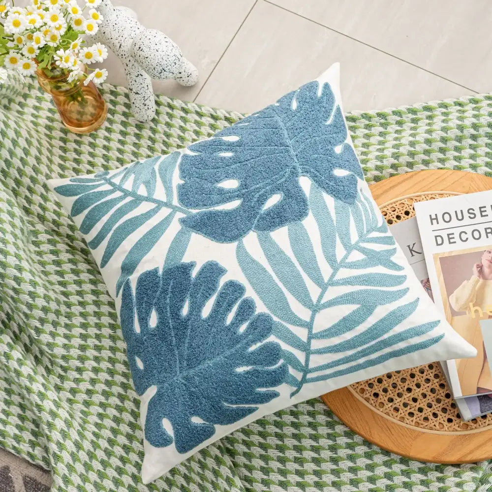 Boho floral embroidered green & brown cushion cover living room