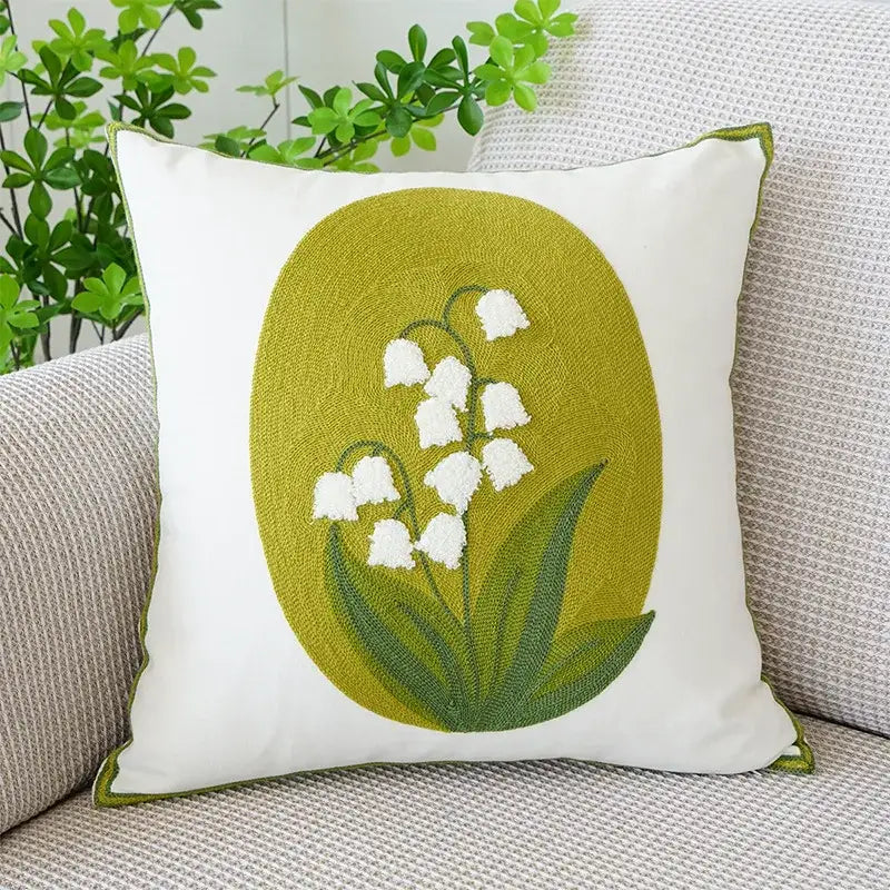 Boho floral embroidered green & brown cushion cover living room