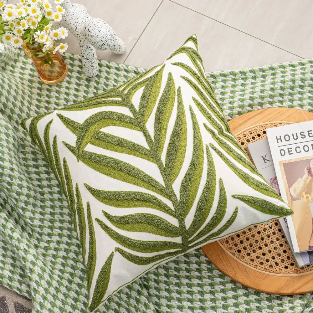Boho floral embroidered green & brown cushion cover living room
