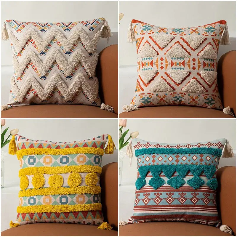 Boho fringe pillow covers yellow & multicolored living room decor