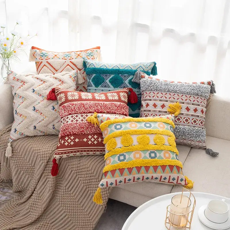 Boho fringe pillow covers yellow & multicolored living room decor