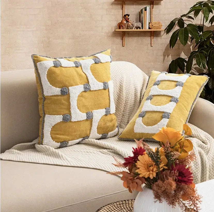 Boho geometric mustard & cream cushion cover living room decor
