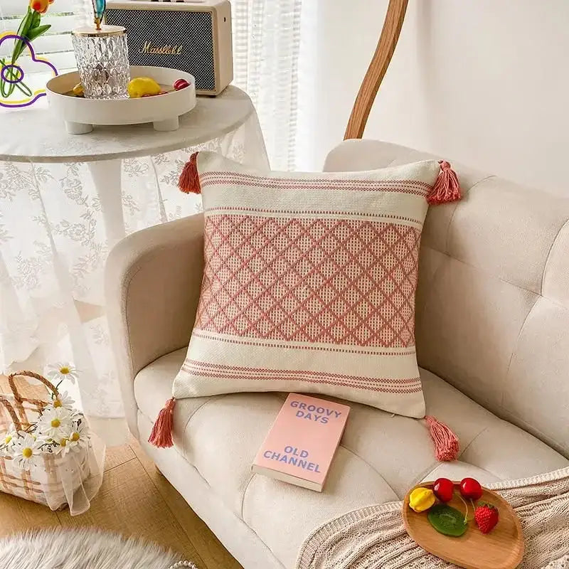 Boho geometric tufted cushion cover cream & gray living room pillow
