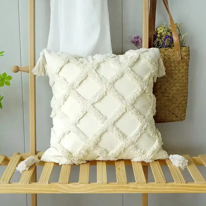 Boho geometric tufted cushion cover cream & gray living room pillow