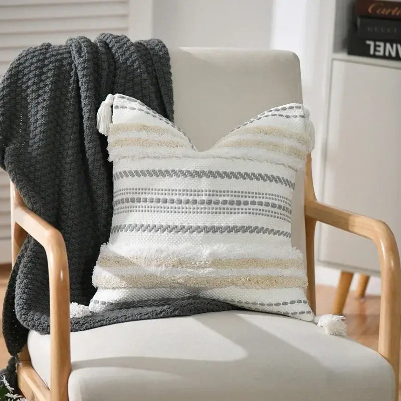 Boho geometric tufted cushion cover cream & gray living room pillow