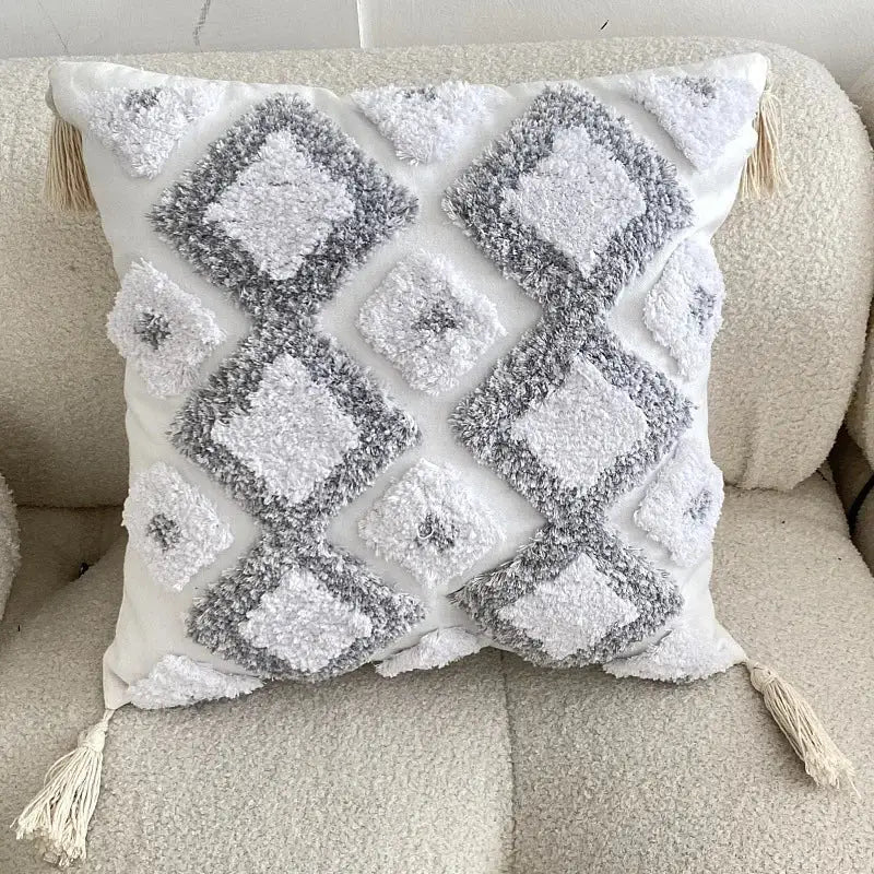 Boho geometric tufted cushion cover cream & gray living room pillow