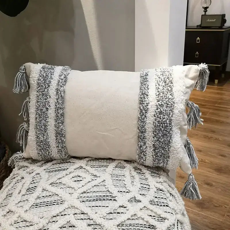 Boho geometric tufted cushion cover cream & gray living room pillow