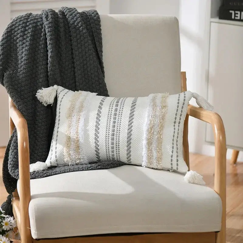 Boho geometric tufted cushion cover cream & gray living room pillow