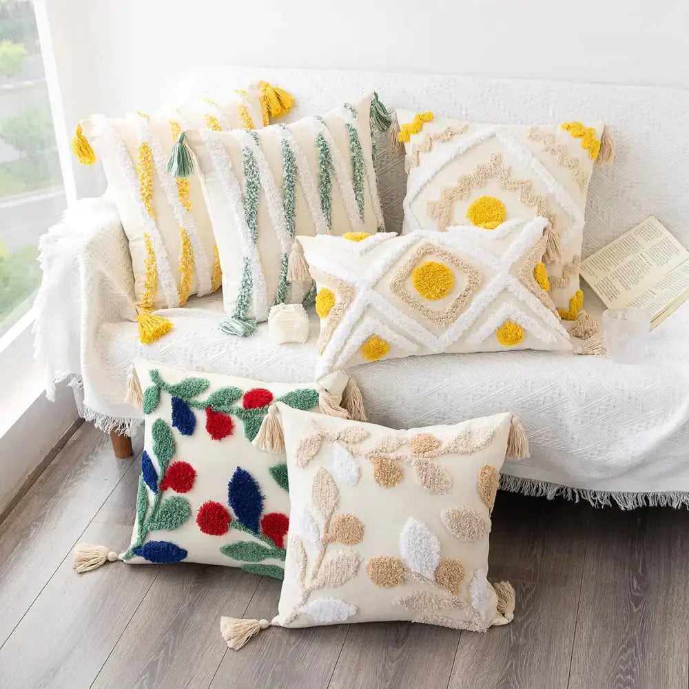 Boho geometric tufted embroidery cushion cover living room tassel decor