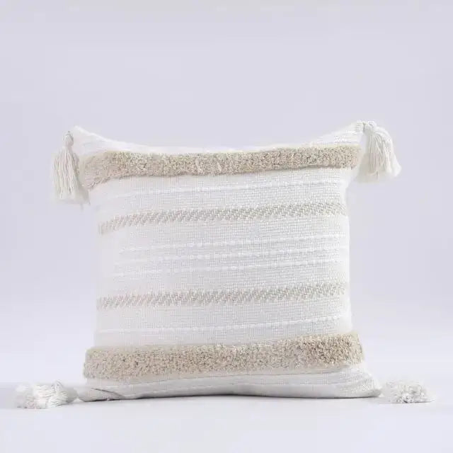 Boho gray & white tufted cushion cover living room tassel decor