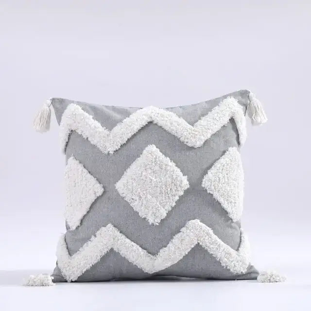Boho gray & white tufted cushion cover living room tassel decor