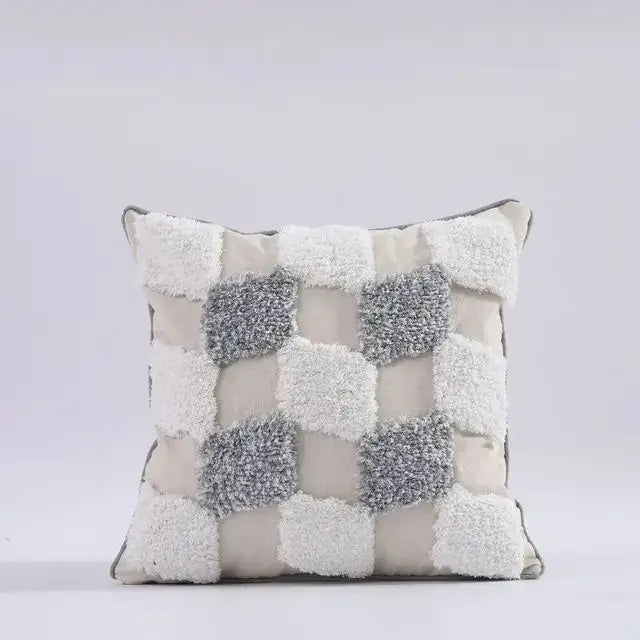 Boho gray & white tufted cushion cover living room tassel decor