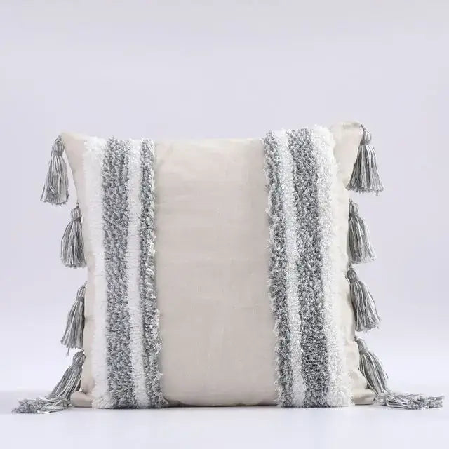 Boho gray & white tufted cushion cover living room tassel decor