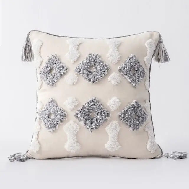 Boho gray & white tufted cushion cover living room tassel decor