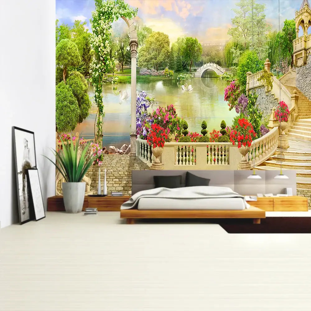 Boho green plant landscape tapestry bedroom italian village decor