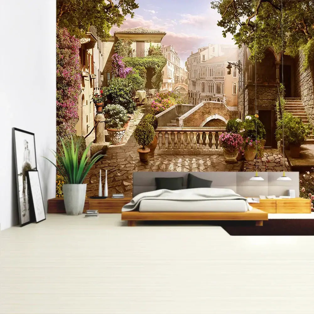 Boho green plant landscape tapestry bedroom italian village decor