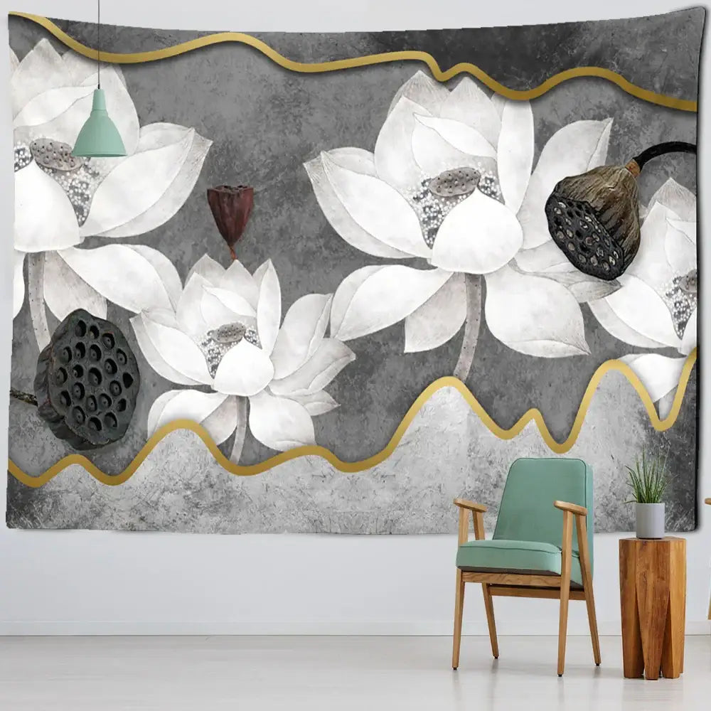 Boho ink lotus koi tapestry bedroom wall art