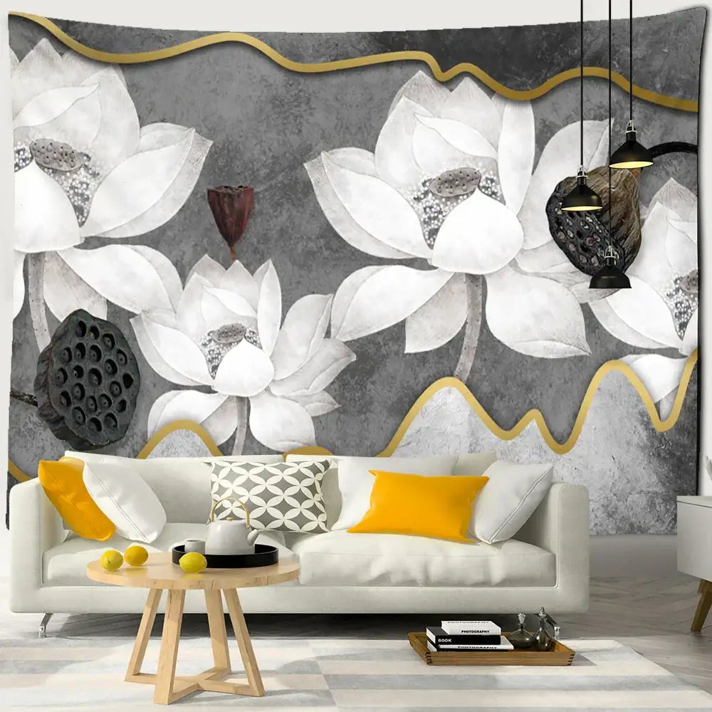 Boho ink lotus koi tapestry bedroom wall art