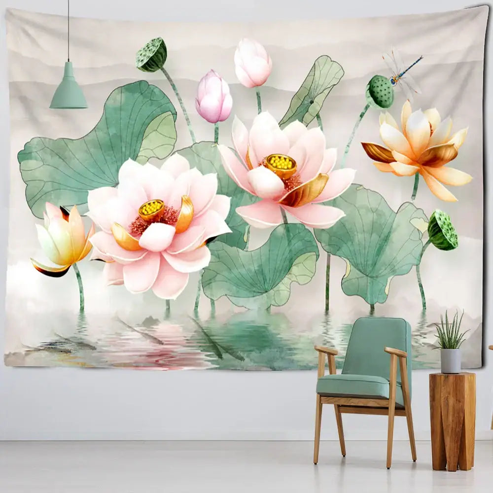 Boho ink lotus koi tapestry bedroom wall art