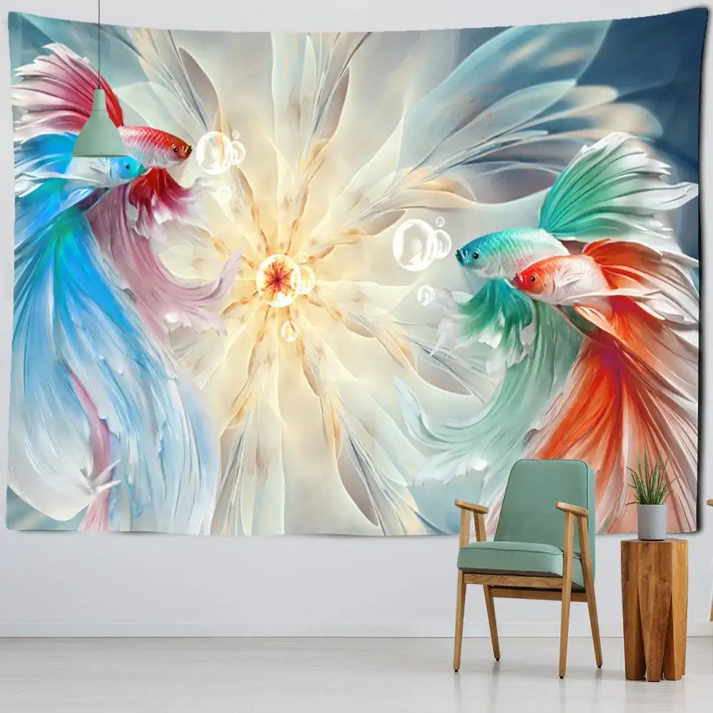 Boho ink lotus koi tapestry bedroom wall art