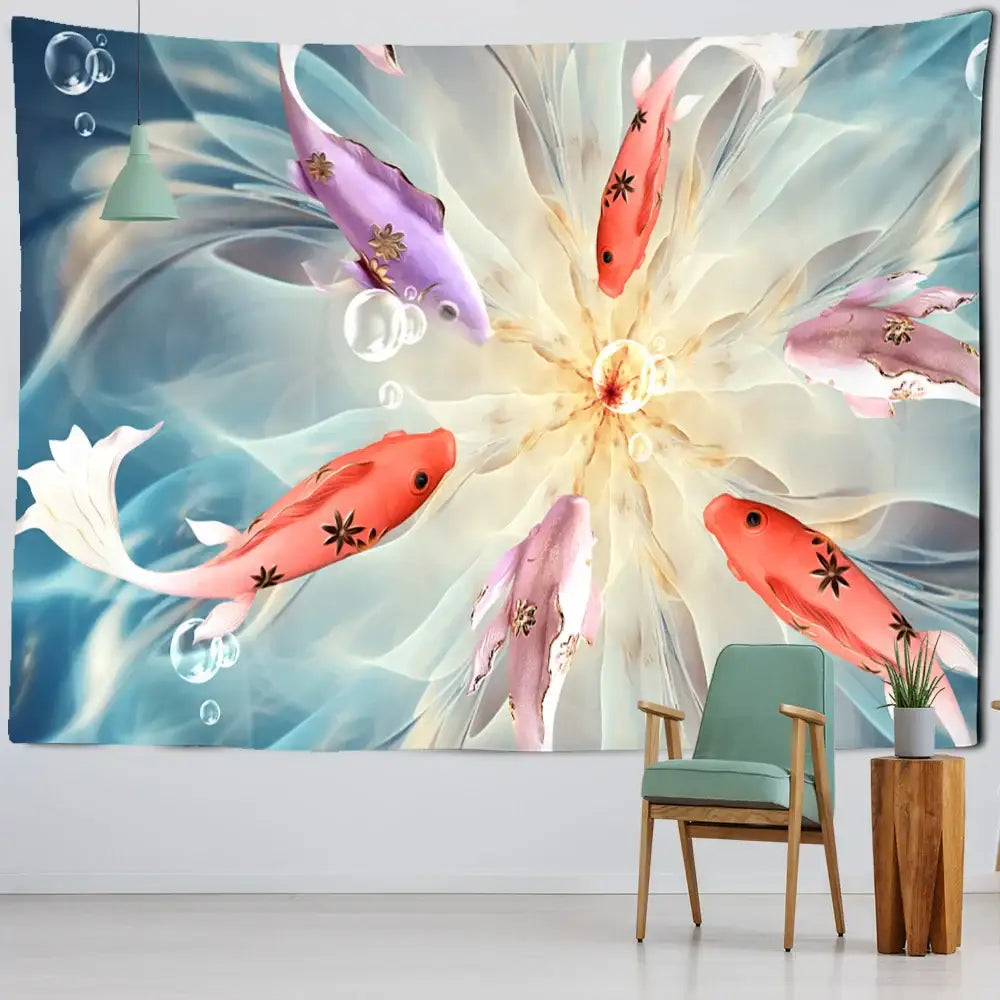 Boho ink lotus koi tapestry bedroom wall art