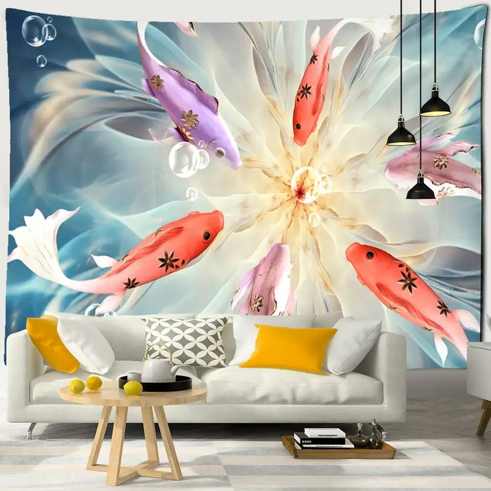 Boho ink lotus koi tapestry bedroom wall art