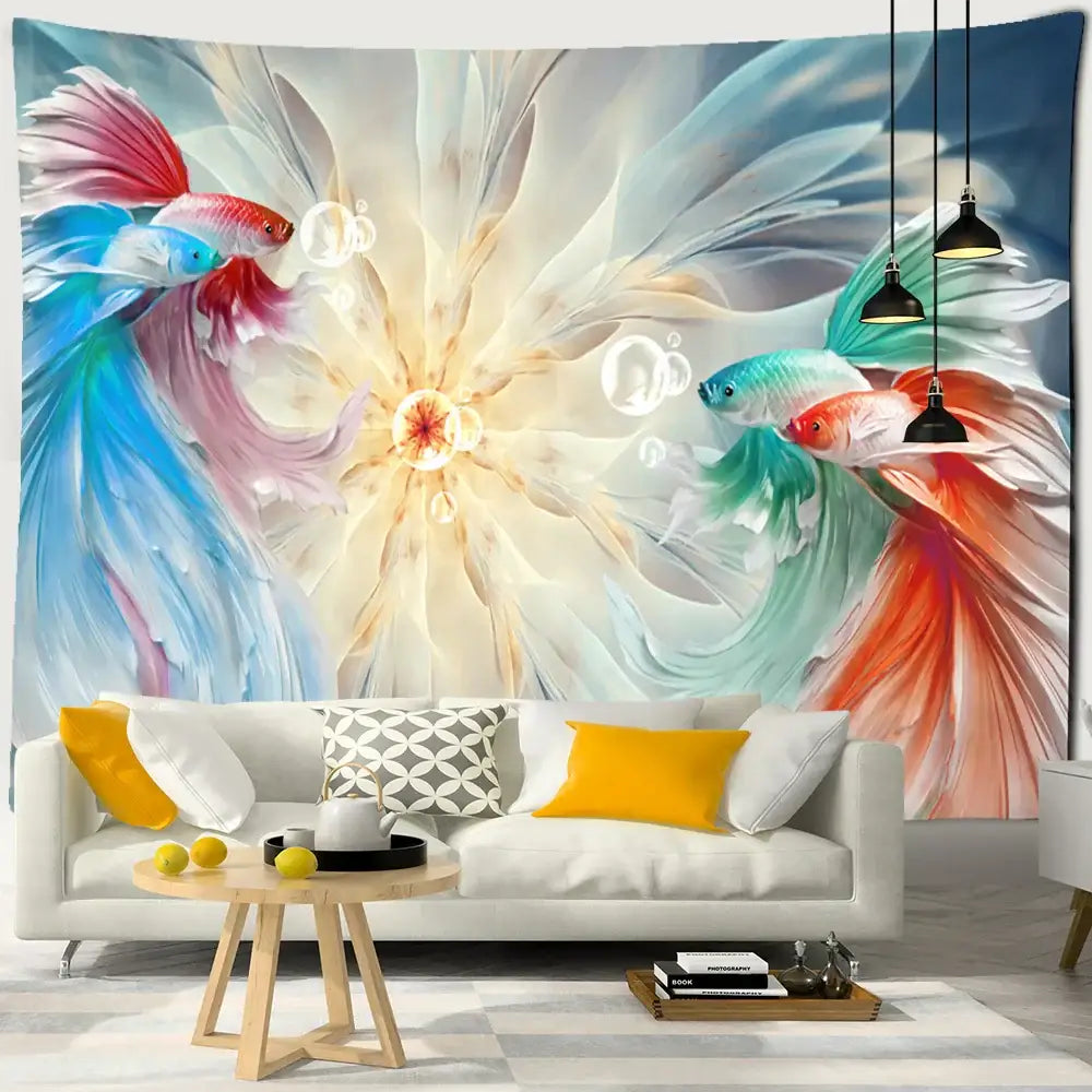 Boho ink lotus koi tapestry bedroom wall art