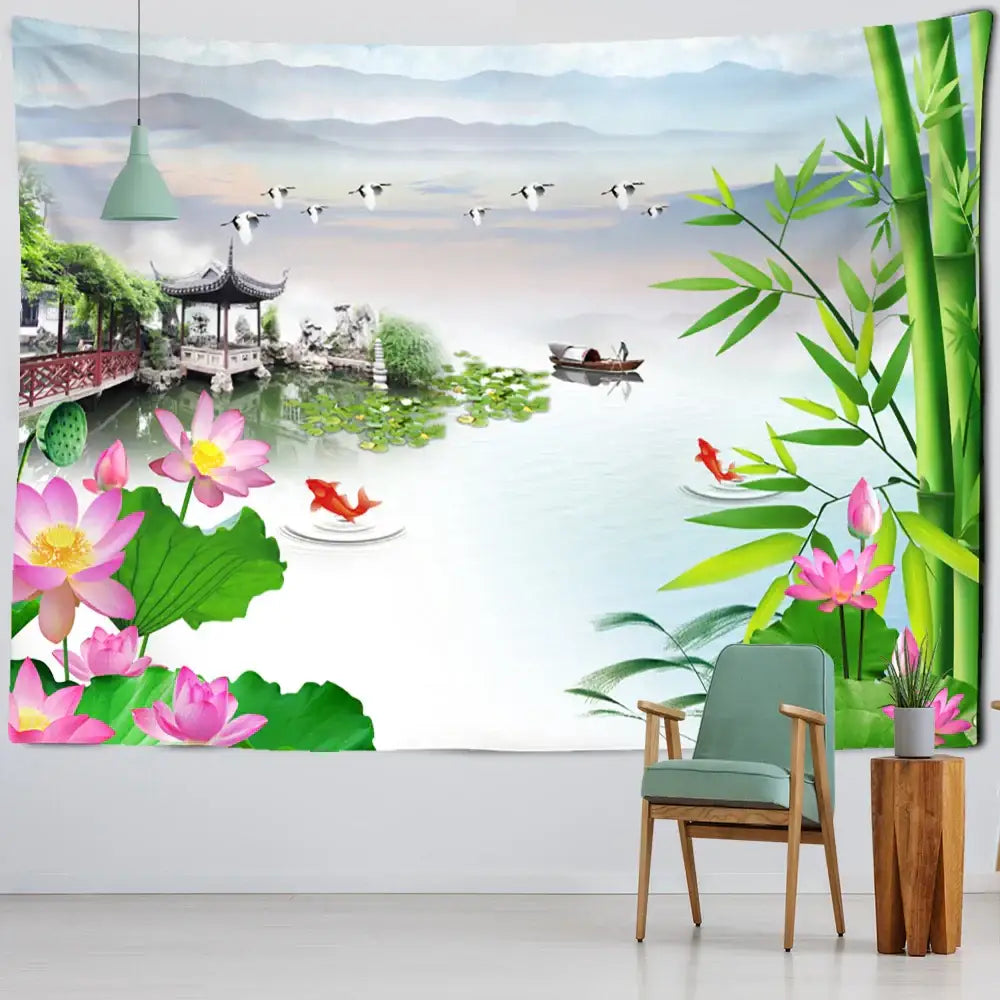 Boho ink lotus koi tapestry bedroom wall art