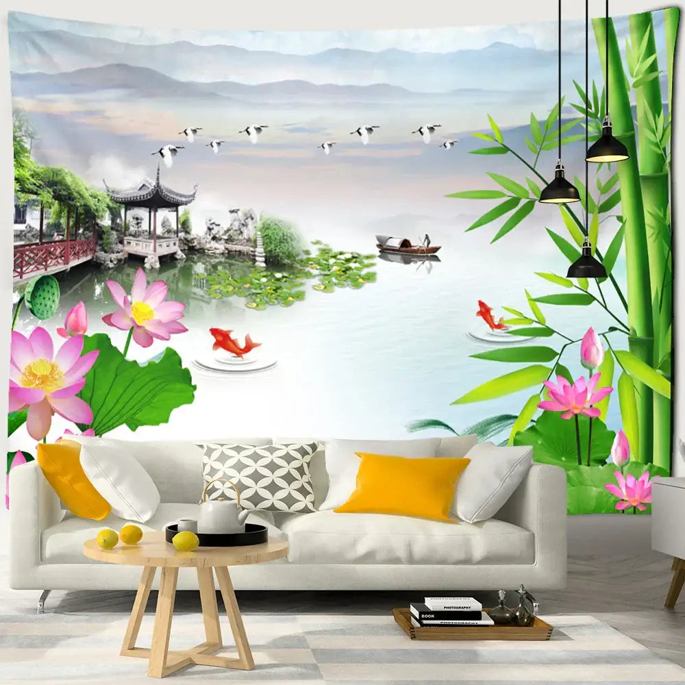 Boho ink lotus koi tapestry bedroom wall art