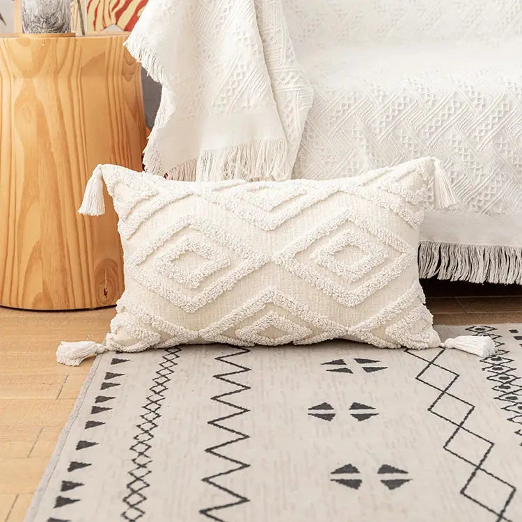 Boho ivory cotton loop cushion cover living room tasseled pillow