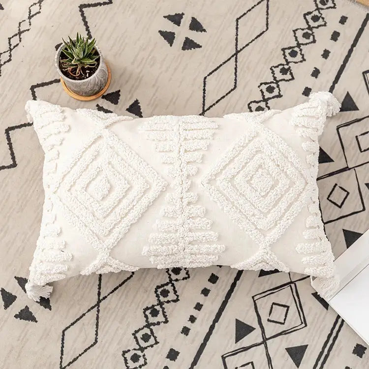 Boho ivory cotton loop cushion cover living room tasseled pillow