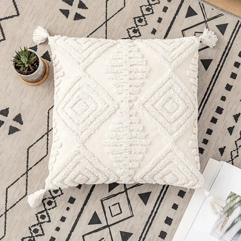 Boho ivory cotton loop cushion cover living room tasseled pillow