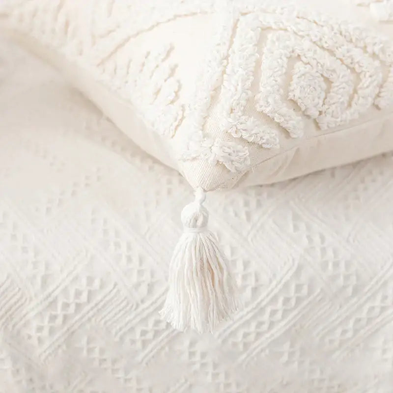 Boho ivory cotton loop cushion cover living room tasseled pillow