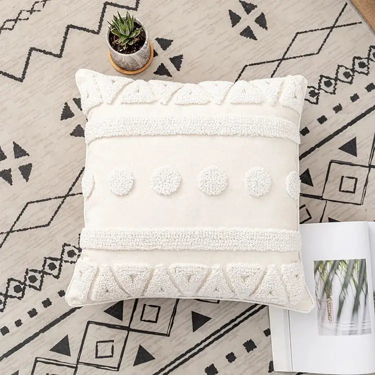 Boho ivory cotton loop cushion cover living room tasseled pillow
