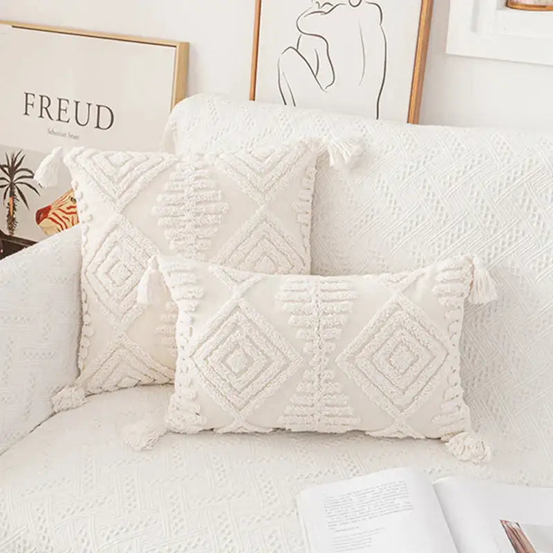 Boho ivory cotton loop cushion cover living room tasseled pillow