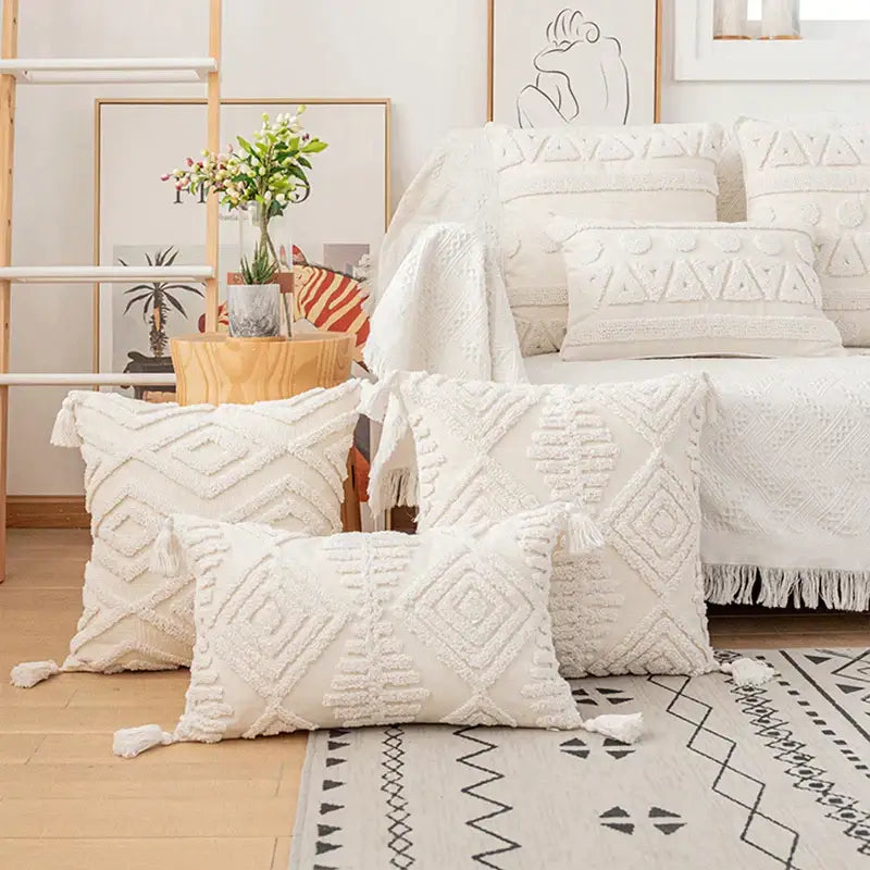 Boho ivory cotton loop cushion cover living room tasseled pillow