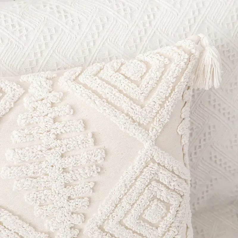 Boho ivory cotton loop cushion cover living room tasseled pillow