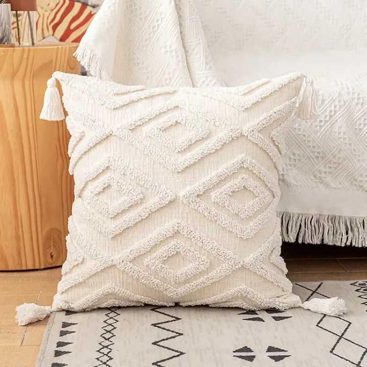 Boho ivory cotton loop cushion cover living room tasseled pillow