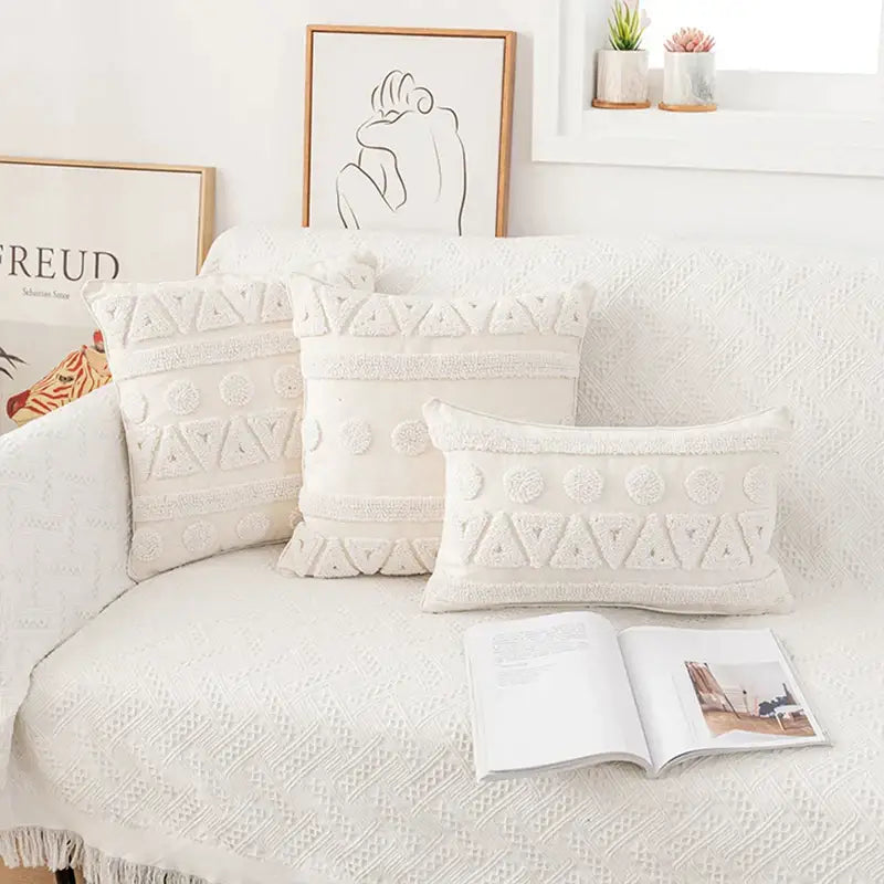 Boho ivory cotton loop cushion cover living room tasseled pillow