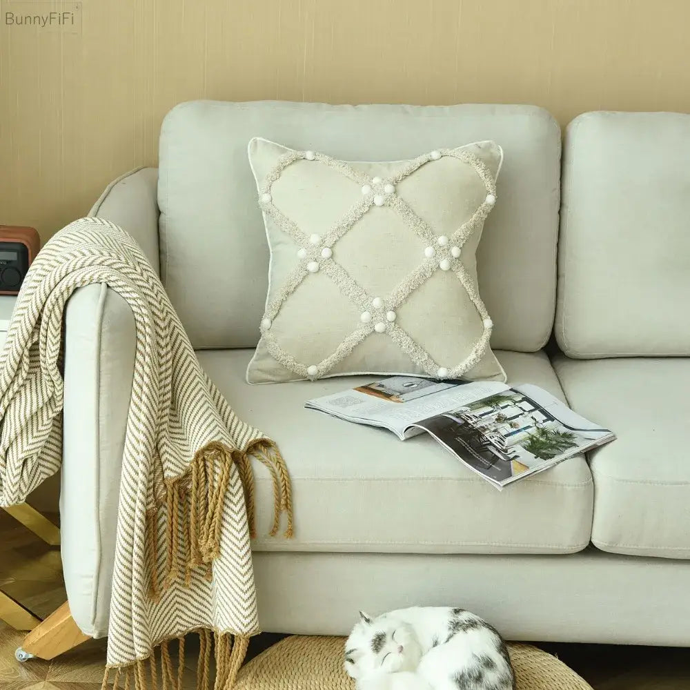 Boho ivory cushion cover with colorful pompoms bedroom decor