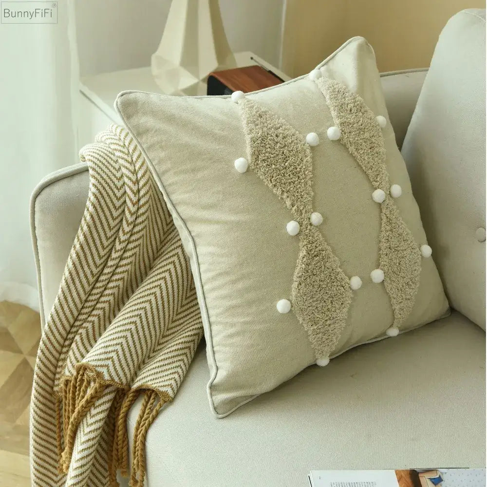 Boho ivory cushion cover with colorful pompoms bedroom decor